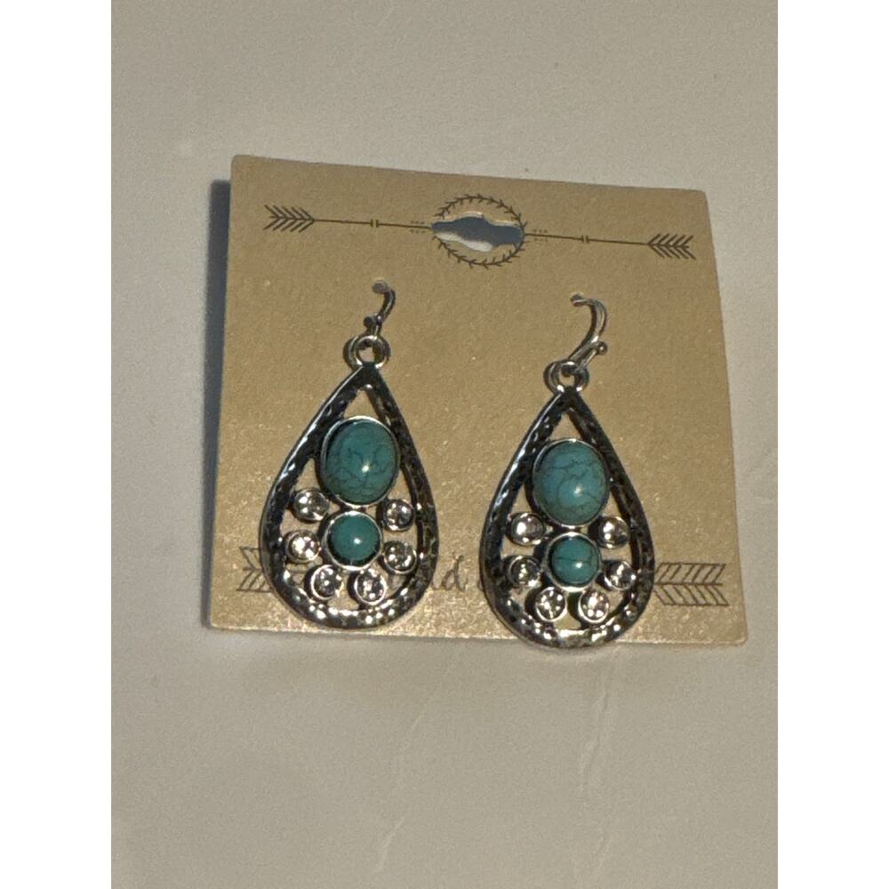 Wild & Free Turquoise Faux Teardrop Dangle Earrings Silver Tone Filigree Hook - Picture 2 of 3